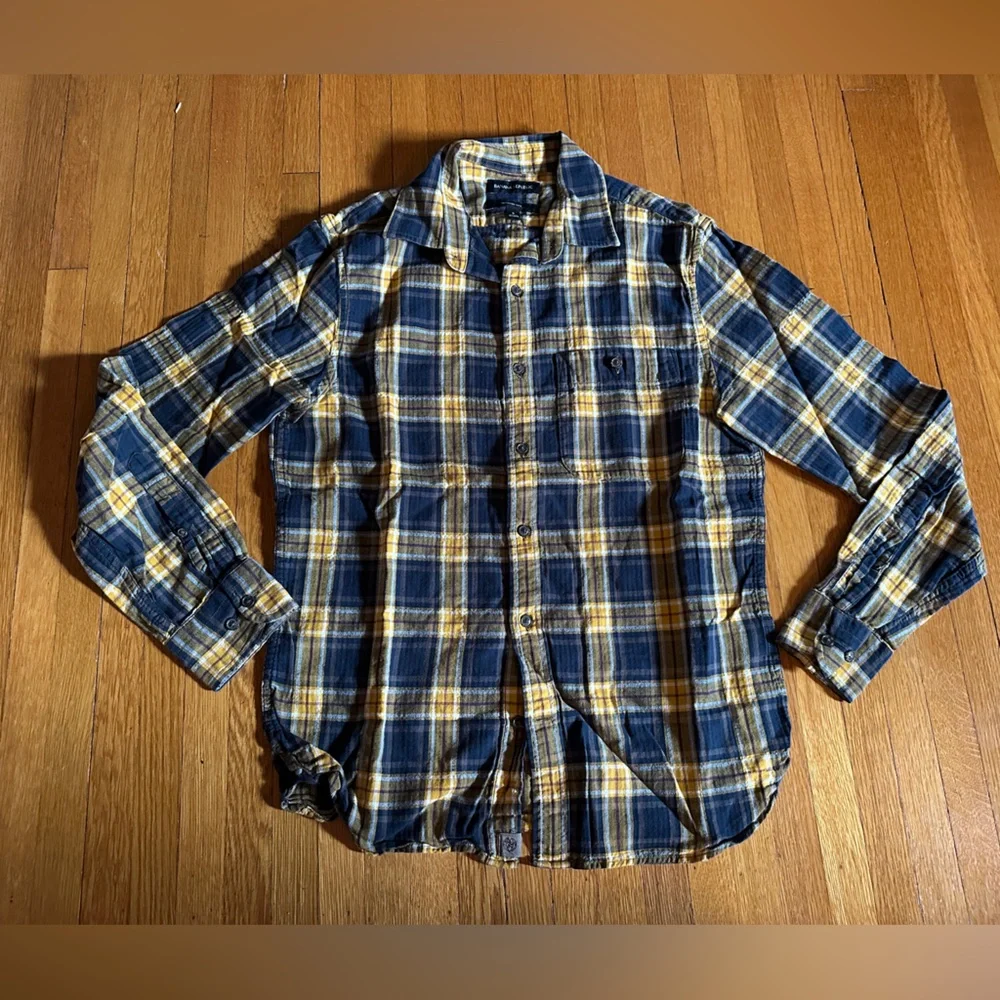 Banana Republic Yellow Plaid Flannel Slim-Fit Untucked Cotton Button Up, Size S